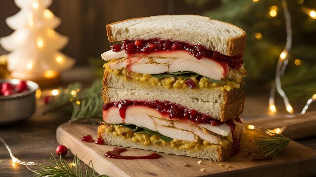 Festive Christmas Leftover Turkey Sandwich &ndash; Stacked Deli Meat and Cranberry Sauce on Bread with Stuffing and Greens &ndash; Holiday Season Dinner Meal &ndash; Close-up on Wooden Board with Lights &ndash; Holiday Feast