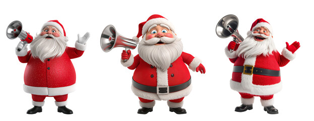 A funny 3D cartoon Santa Claus shouting into a megaphone isolated on a transparent background
