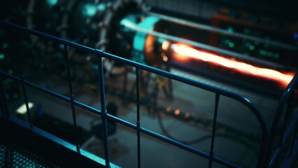 A powerful rocket engine ignites in a futuristic testing facility. Bright flames and engineering marvels surround the scene. Scientists monitor the test with focused attention and precision. © icetray