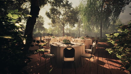 An exquisite table setting awaits guests under a canopy of trees. Soft sunlight filters through the leaves, creating a serene atmosphere for a special gathering in nature.