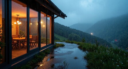 A modern glass fronted mountain cabin glows warmly on a rainy evening, with raindrops on the windows and reflections on wet grass.