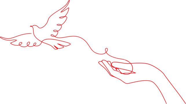Hand releasing a dove with a ribbon flowing in the wind isolated on transparent background