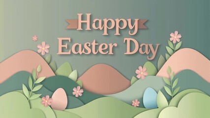 Happy Easter Day greeting card in a charming paper-cut style with pastel hills, flowers, and colorful eggs.