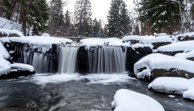 Winter scene showcases a small waterfall cascading over dark rocks, surrounded by snow-covered banks and evergreen trees