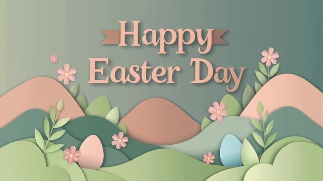 Happy Easter Day greeting card in a charming paper-cut style with pastel hills, flowers, and colorful eggs.