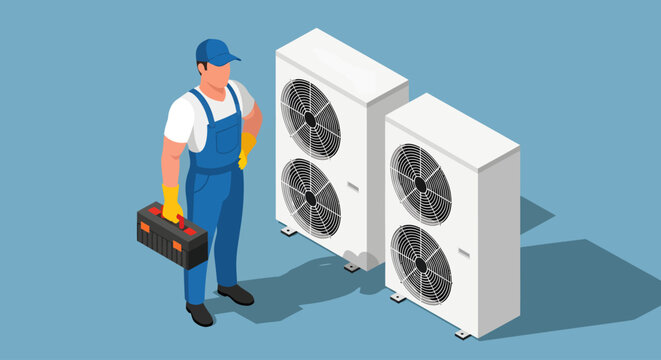 A professional HVAC technician in blue overalls and a cap holds a toolbox while standing next to two outdoor air conditioner units in a clean isometric vector illustration