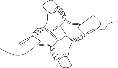 Abstract continuous line drawing of four hands clasped together in unity and support isolated on transparent background