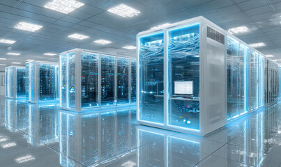 Server room filled with rows of rack servers, shining in a modern facility.