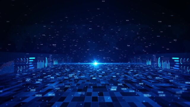 Big data technology blockchain network artificial intelligence on virtual screen. data science abstract background. Data scientist querying. Analyzing visualizing . AI Data flow Finance neural network - Powered by Adobe