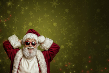 Santa Claus wearing sunglasses and a red suit smiles with his hands behind his head. Green snowflake wallpaper and sparkling particles create a festive Christmas scene with space for text.