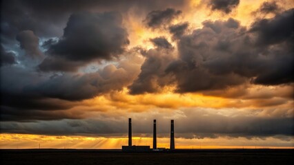 Smokestacks in the distance under a dramatic fiery sky at sunset