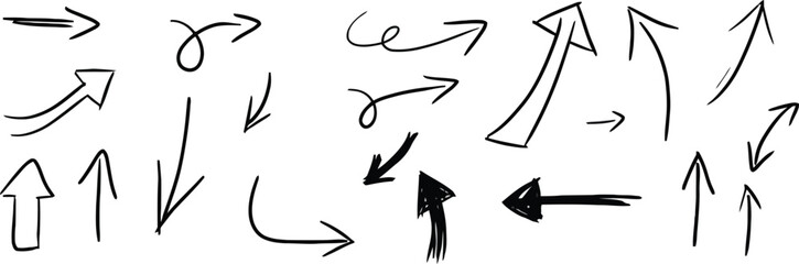 Collection of hand drawn arrow doodles pointing in various directions isolated on transparent background