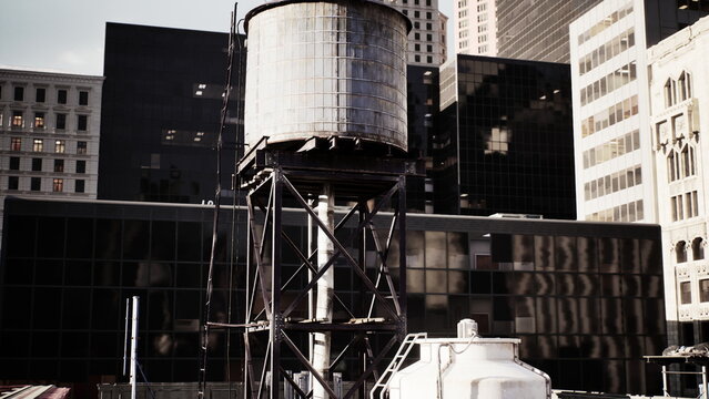 In a vibrant cityscape, a vintage water tower contrasts with sleek skyscrapers. Sunlight glints off glass buildings, showcasing urban life and architectural diversity.
