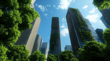 Fototapeta premium Modern skyscraper, vertical garden, green city, sustainable, urban, sunny, blue sky