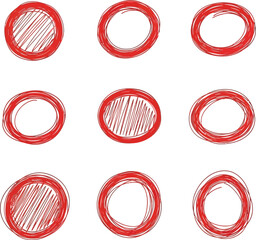 Nine red circular stamp marks isolated on transparent background