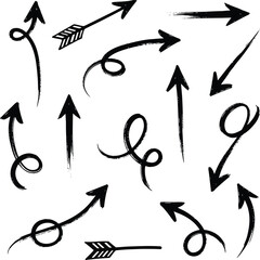 Collection of hand drawn grunge style arrows pointing in various directions isolated on transparent background