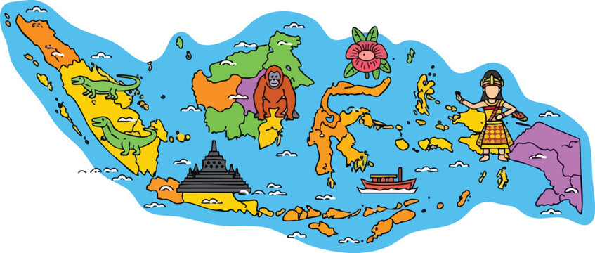 Colorful Map of Indonesia Archipelago with Animals and Landmarks