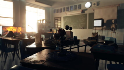 Sunlight filters through classroom windows, casting a warm glow on science materials. A planetary model sits on a desk, showcasing the beauty of learning and discovery in an academic environment.