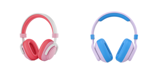 Two colorful headphones in pink and blue for listening to music on transparent background
