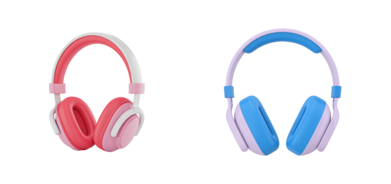 Two colorful headphones in pink and blue for listening to music on transparent background