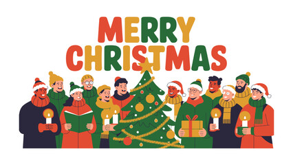 Joyful Christmas Carolers: A cheerful group of carolers, illuminated by candlelight, gathered around a decorated Christmas tree, spreading holiday cheer and warmth through their voices and presence. 