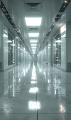 Naklejka premium Futuristic, shiny corridor with server racks, reflecting a bright light.
