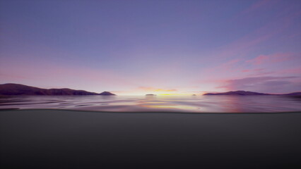 Fototapeta premium Gentle waves lap against the shore as the sun sets behind distant mountains. The sky glows with soft pink and orange shades, creating a peaceful evening atmosphere.