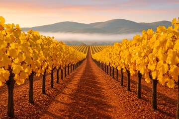 Golden vineyard rows leading toward misty morning hills in autumn light