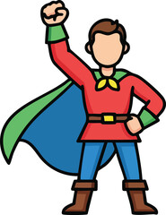 Obraz premium Cartoon Man In Red Shirt Blue Pants And Cape Stands With Fist Raised Victorious Pose