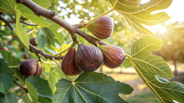 Figs on tree in garden, Figs hanging on tree in natural warm sunlight background