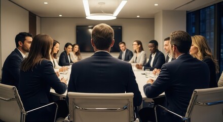 Diverse group of business people, men and women, attending a corporate meeting in a modern office conference room. Discussion concept.