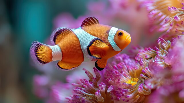 Vibrant clownfish swimming gracefully among pink anemones in a colorful coral reef aquarium setting