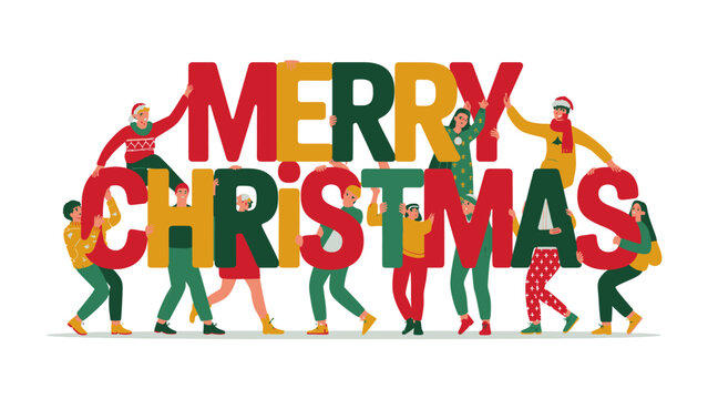 Festive Christmas Celebration: A joyful group of diverse people collaboratively hold the letters, creating a vibrant Merry Christmas message to capture the essence of holiday spirit.