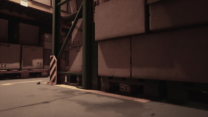 Amidst the organized chaos of a warehouse, boxes rest on pallets against towering shelves. The scene captures the essence of logistics, with careful arrangement for efficient access.