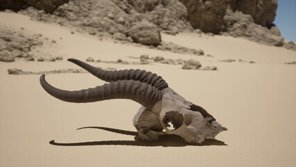 A weathered ram skull with prominent curved horns lies on the dry, sandy terrain. Sunlight highlights its textures against the stark desert backdrop, evoking a sense of solitude and times passage. © icetray