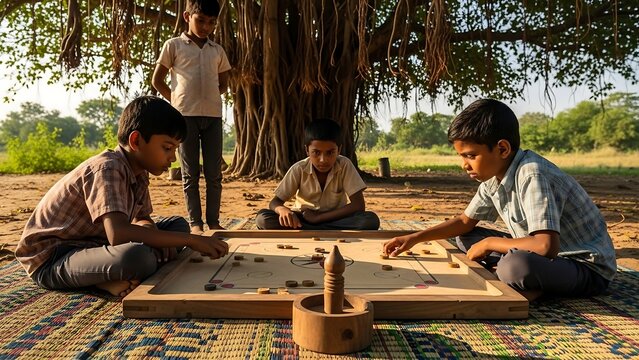 Children playing carrom under a tree in rural India.