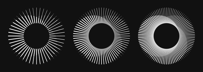 Set of rotating radial lines in circle form. Abstract geometric sun rays in different shape and thickness create visual effect of illusion. Design element for logo, prints, template or posters.