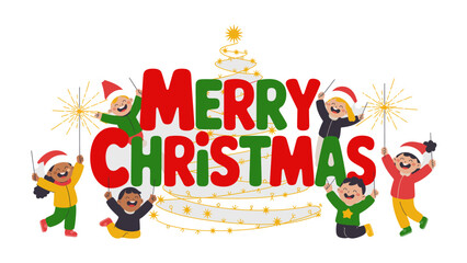 Joyful Christmas Greetings: An illustration features children celebrating the holidays with sparklers. Embodying holiday cheer and excitement. 
