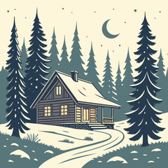 Snow-Covered Cabin in the Mountains