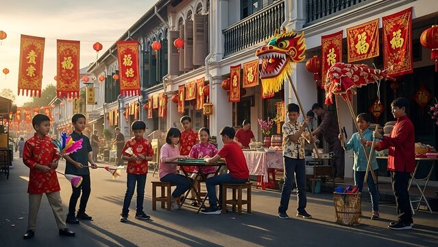 Chinese New Year celebration with dragon dance and festive decorations.