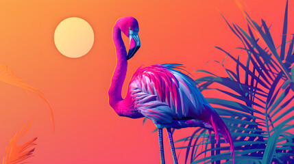 Cartoon flamingo flat vibrant neon colors geometric