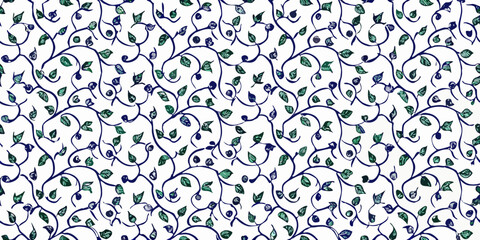 Seamless pattern of delicate navy blue vines with green leaves and dark blue berries on a white background