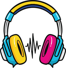 Colorful Headphones Displaying Sound Waves in a Vibrant Cartoon Style