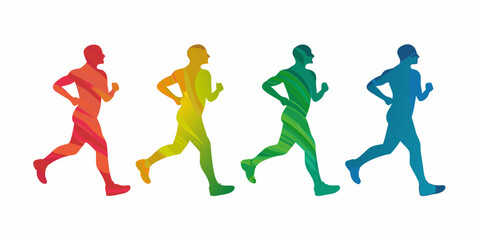 Four colorful silhouettes of men running in a line with abstract patterns inside each figure