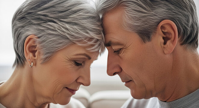 Close-up of a senior couple's faces touching foreheads, showcasing intimacy and affection, symbolizing enduring love and companionship in later life