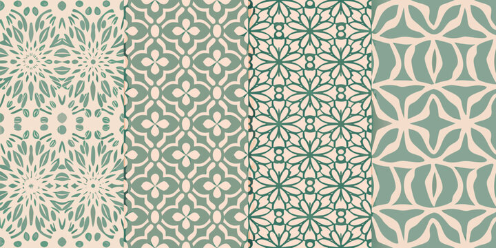 Four seamless geometric patterns in muted green and beige tones with floral and abstract motifs