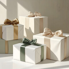 A collection of elegantly wrapped gift boxes in various sizes. The boxes are adorned with satin ribbons in gold, cream, and green. Ideal for holiday celebrations.