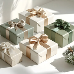 A collection of beautifully wrapped gift boxes in various colors. The boxes are adorned with ribbons and placed on a light surface, evoking a festive atmosphere.
