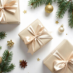 Decorative gift boxes with ribbons are arranged on a festive background of pine branches and golden ornaments. Ideal for holiday celebrations like Christmas and New Year.
