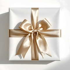 A beautifully wrapped gift box in white paper with a shiny gold ribbon. Perfect for celebrations like Christmas and New Year.